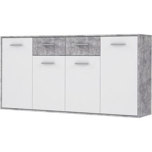 PILVI Laag dressoir 4 deuren 4 laden - Wit en lichtgrijs beton - B 162,3 x D 34,2 x H 88,1 cm