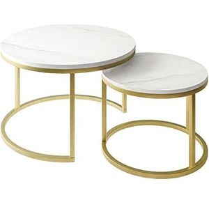 lukmebel Ciri Ronde 2in1 Salontafel – Set Van 2 Stuks – Bijzettafels Woonkamer – Levanto Marmeren Bladen Op Goud Metalen Onderstel – 70x48x70/80cm & 50x42x50/60cm