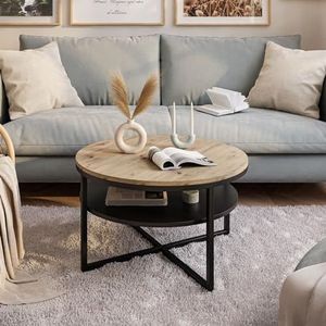 Lukmebel Salontafel CIRI-X Rond - Bijzettafel Industrieel - Deco Woonkamer - Kleine Sofatafel - Zwart/Artisan Eik