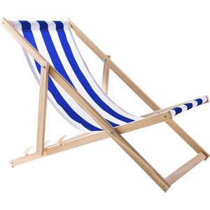 Houten ligstoel - strandstoel gemaakt van hoogwaardig beukenhout met drie verstelbare rugleuningposities / Strandbed - Blauw met wit