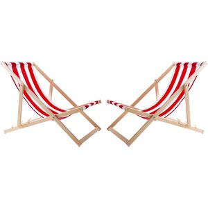 Set van 2 beukenhouten ligstoelen - kleur rood met witte strepen
