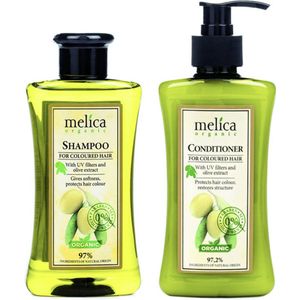 2 x MELICA ORGANIC BIO UV FILTER CARE DUO SET 97% Natuurlijke Kleurbeschermende SHAMPOO en 97,2% Natuurlijke CONDITIONER-BALSEM voor Gekleurd Haar en Elk Haarkleur met UV-FILTERS en OLIJVEN EXTRACTEN Zonder Parabenen, SLS voor MAN en VROUW 600ml