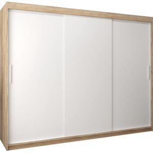 InspireMe - Kledingkast met 3 schuifdeuren, Modern-stijl, Kledingkast met planken (BxHxD): 250x200x62 - TORM 250 Sonoma Eik + Wit Mat mat 4 lades