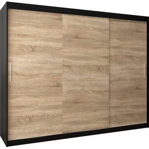 InspireMe - Kledingkast met 3 schuifdeuren, Modern-stijl, Kledingkast met planken (BxHxD): 250x200x62 - TORM 250 Zwart Mat + Sonoma Eik mat 4 lades