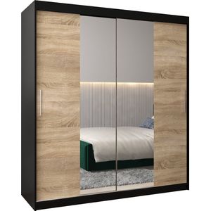 InspireMe - Kledingkast met 2 schuifdeuren, Modern-stijl, Kledingkast met planken (BxHxD): 180x200x62 - TORM I 180 Zwart Mat + Sonoma Eik