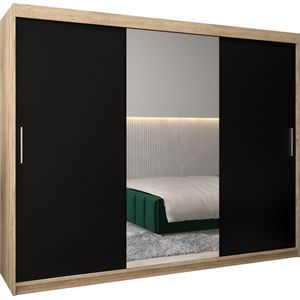 InspireMe - Kledingkast met 3 schuifdeuren, Modern-stijl, Kledingkast met planken (BxHxD): 250x200x62 - TORM I 250 Sonoma Eik + Zwart Mat