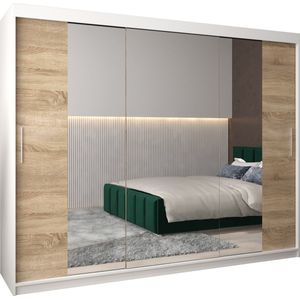 InspireMe - Kledingkast met 3 schuifdeuren, Modern-stijl, Kledingkast met planken (BxHxD): 250x200x62 - TORM II 250 Wit Mat + Sonoma Eik