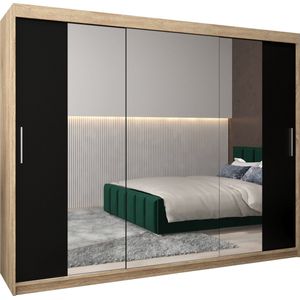 InspireMe - Kledingkast met 3 schuifdeuren, Modern-stijl, Kledingkast met planken (BxHxD): 250x200x62 - TORM II 250 Sonoma Eik + Zwart Mat mat 4 lades