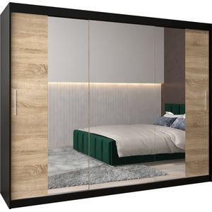 InspireMe - Kledingkast met 3 schuifdeuren, Modern-stijl, Kledingkast met planken (BxHxD): 250x200x62 - TORM II 250 Zwart Mat + Sonoma Eik