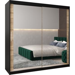 InspireMe - Kledingkast met 2 schuifdeuren, Modern-stijl, Kledingkast met planken (BxHxD): 200x200x62 - TORM III 200 Zwart Mat + Sonoma Eik