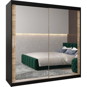 InspireMe - Kledingkast met 2 schuifdeuren, Modern-stijl, Kledingkast met planken (BxHxD): 200x200x62 - TORM III 200 Zwart Mat + Sonoma Eik met 4 lades