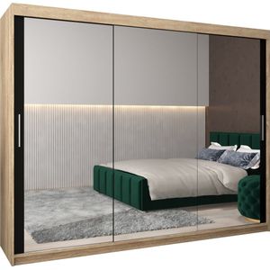 InspireMe - Kledingkast met 3 schuifdeuren, Modern-stijl, Kledingkast met planken (BxHxD): 250x200x62 - TORM III 250 Sonoma Eik + Zwart Mat