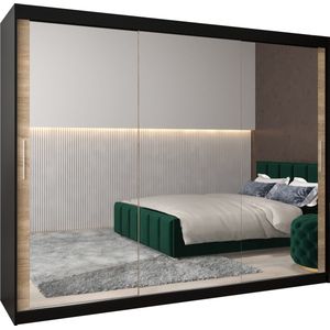 InspireMe - Kledingkast met 3 schuifdeuren, Modern-stijl, Kledingkast met planken (BxHxD): 250x200x62 - TORM III 250 Zwart Mat + Sonoma Eik
