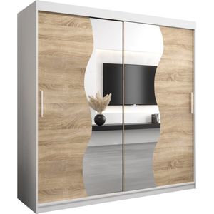 InspireMe - Kledingkast met 2 schuifdeuren, Modern-stijl, Kledingkast met planken (BxHxD): 200x200x62 - MARDUK 200 Wit Mat + Sonoma Eik met 4 lades