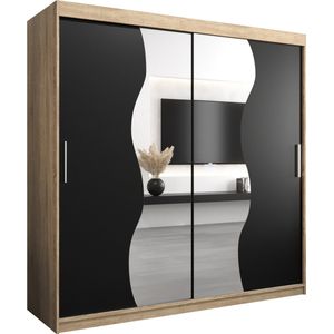 InspireMe - Kledingkast met 2 schuifdeuren, Modern-stijl, Kledingkast met planken (BxHxD): 200x200x62 - MARDUK 200 Sonoma Eik + Zwart Mat met 4 lades