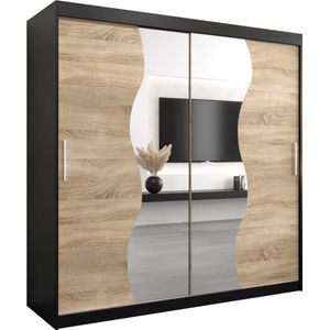 InspireMe - Kledingkast met 2 schuifdeuren, Modern-stijl, Kledingkast met planken (BxHxD): 200x200x62 - MARDUK 200 Zwart Mat + Sonoma Eik met 4 lades