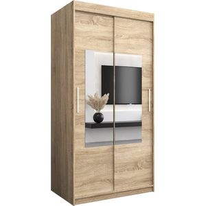 InspireMe - Kledingkast met 2 schuifdeuren, Modern-stijl, Een kledingkast met planken en een spiegel (BxHxD): 100x200x62 - TRINA 100 Sonoma Eik
