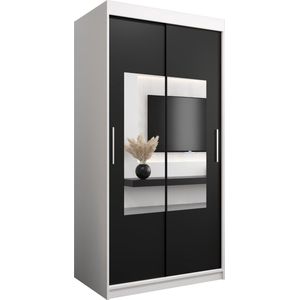 InspireMe - Kledingkast met 2 schuifdeuren, Modern-stijl, Een kledingkast met planken en een spiegel (BxHxD): 100x200x62 - TRINA 100 Wit Mat + Zwart met 2 lades