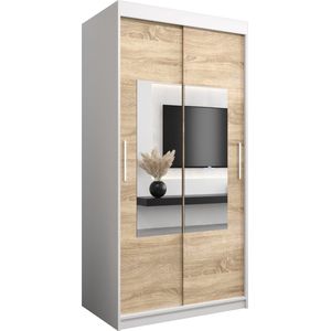 InspireMe - Kledingkast met 2 schuifdeuren, Modern-stijl, Een kledingkast met planken en een spiegel (BxHxD): 100x200x62 - TRINA 100 Wit Mat + Sonoma Eik met 2 lades