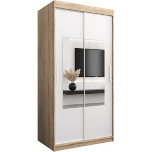 InspireMe - Kledingkast met 2 schuifdeuren, Modern-stijl, Een kledingkast met planken en een spiegel (BxHxD): 100x200x62 - TRINA 100 Sonoma Eik + Wit Mat met 2 lades