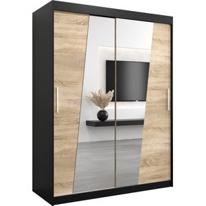 InspireMe - Kledingkast met 2 schuifdeuren, Modern-stijl, Een kledingkast met planken en een spiegel (BxHxD): 150x200x62 - THOR 150 Zwart Mat + Sonoma Eik met 2 lades