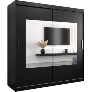 InspireMe - Kledingkast met 2 schuifdeuren, Modern-stijl, Een kledingkast met planken en een spiegel (BxHxD): 200x200x62 - TRINA 200 Zwart Mat met 4 lades