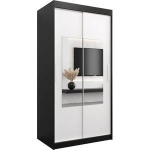InspireMe - Kledingkast met 2 schuifdeuren, Modern-stijl, Een kledingkast met planken en een spiegel (BxHxD): 100x200x62 - TRINA 100 Zwart Mat + Wit Mat