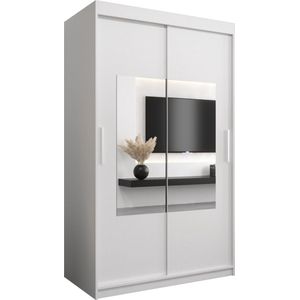 InspireMe - Kledingkast met 2 schuifdeuren, Modern-stijl, Een kledingkast met planken en een spiegel (BxHxD): 120x200x62 - TRINA 120 Wit Mat met 2 lades