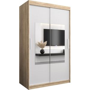 InspireMe - Kledingkast met 2 schuifdeuren, Modern-stijl, Een kledingkast met planken en een spiegel (BxHxD): 120x200x62 - TRINA 120 Sonoma Eik + Wit Mat