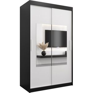 InspireMe - Kledingkast met 2 schuifdeuren, Modern-stijl, Een kledingkast met planken en een spiegel (BxHxD): 120x200x62 - TRINA 120 Zwart Mat + Wit Mat met 2 lades