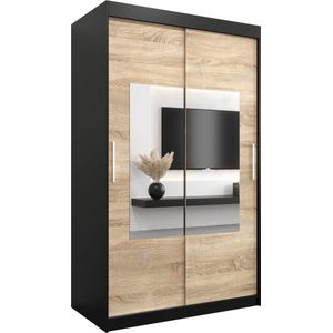 InspireMe - Kledingkast met 2 schuifdeuren, Modern-stijl, Een kledingkast met planken en een spiegel (BxHxD): 120x200x62 - TRINA 120 Zwart Mat + Sonoma Eik met 2 lades