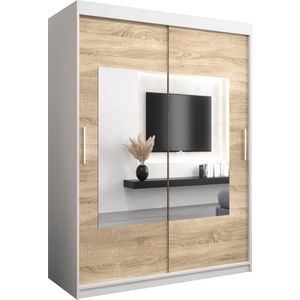 InspireMe - Kledingkast met 2 schuifdeuren, Modern-stijl, Een kledingkast met planken en een spiegel (BxHxD): 150x200x62 - TRINA 150 Wit Mat + Sonoma Eik