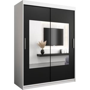 InspireMe - Kledingkast met 2 schuifdeuren, Modern-stijl, Een kledingkast met planken en een spiegel (BxHxD): 150x200x62 - TRINA 150 Wit Mat + Zwart