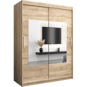 InspireMe - Kledingkast met 2 schuifdeuren, Modern-stijl, Een kledingkast met planken en een spiegel (BxHxD): 150x200x62 - TRINA 150 Sonoma Eik met 2 lades