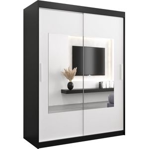 InspireMe - Kledingkast met 2 schuifdeuren, Modern-stijl, Een kledingkast met planken en een spiegel (BxHxD): 150x200x62 - TRINA 150 Zwart Mat + Wit Mat