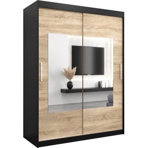 InspireMe - Kledingkast met 2 schuifdeuren, Modern-stijl, Een kledingkast met planken en een spiegel (BxHxD): 150x200x62 - TRINA 150 Zwart Mat + Sonoma Eik met 2 lades
