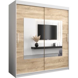 InspireMe - Kledingkast met 2 schuifdeuren, Modern-stijl, Een kledingkast met planken en een spiegel (BxHxD): 180x200x62 - TRINA 180 Wit Mat + Sonoma Eik met 4 lades