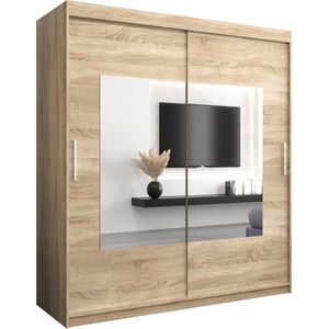 InspireMe - Kledingkast met 2 schuifdeuren, Modern-stijl, Een kledingkast met planken en een spiegel (BxHxD): 180x200x62 - TRINA 180 Sonoma Eik