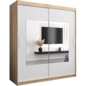 InspireMe - Kledingkast met 2 schuifdeuren, Modern-stijl, Een kledingkast met planken en een spiegel (BxHxD): 180x200x62 - TRINA 180 Sonoma Eik + Wit Mat