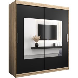 InspireMe - Kledingkast met 2 schuifdeuren, Modern-stijl, Een kledingkast met planken en een spiegel (BxHxD): 180x200x62 - TRINA 180 Sonoma Eik + Zwart Mat met 4 lades