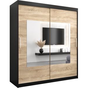 InspireMe - Kledingkast met 2 schuifdeuren, Modern-stijl, Een kledingkast met planken en een spiegel (BxHxD): 180x200x62 - TRINA 180 Zwart Mat + Sonoma Eik met 4 lades