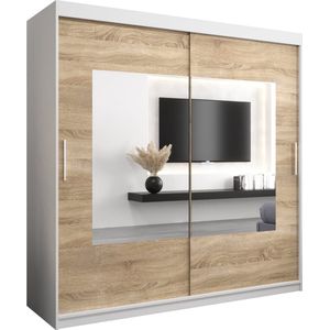 InspireMe - Kledingkast met 2 schuifdeuren, Modern-stijl, Een kledingkast met planken en een spiegel (BxHxD): 200x200x62 - TRINA 200 Wit Mat + Sonoma Eik met 4 lades