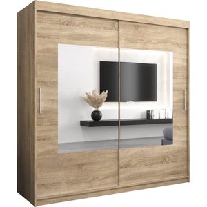 InspireMe - Kledingkast met 2 schuifdeuren, Modern-stijl, Een kledingkast met planken en een spiegel (BxHxD): 200x200x62 - TRINA 200 Sonoma Eik