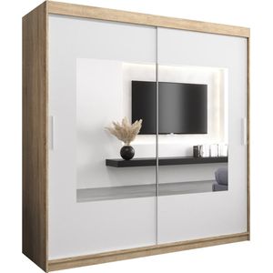 InspireMe - Kledingkast met 2 schuifdeuren, Modern-stijl, Een kledingkast met planken en een spiegel (BxHxD): 200x200x62 - TRINA 200 Sonoma Eik + Wit Mat met 4 lades