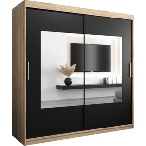 InspireMe - Kledingkast met 2 schuifdeuren, Modern-stijl, Een kledingkast met planken en een spiegel (BxHxD): 200x200x62 - TRINA 200 Sonoma Eik + Zwart Mat