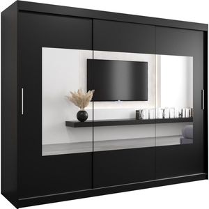 InspireMe - Kledingkast met 3 schuifdeuren, Modern-stijl, Een kledingkast met planken en een spiegel (BxHxD): 250x200x62 - TRINA 250 Zwart Mat mat 4 lades