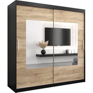 InspireMe - Kledingkast met 2 schuifdeuren, Modern-stijl, Een kledingkast met planken en een spiegel (BxHxD): 200x200x62 - TRINA 200 Zwart Mat + Sonoma Eik met 4 lades