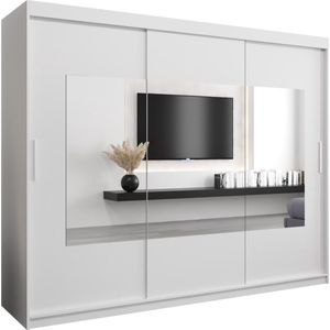 InspireMe - Kledingkast met 3 schuifdeuren, Modern-stijl, Een kledingkast met planken en een spiegel (BxHxD): 250x200x62 - TRINA 250 Wit Mat mat 4 lades
