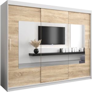 InspireMe - Kledingkast met 3 schuifdeuren, Modern-stijl, Een kledingkast met planken en een spiegel (BxHxD): 250x200x62 - TRINA 250 Wit Mat + Sonoma Eik mat 4 lades