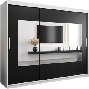 InspireMe - Kledingkast met 3 schuifdeuren, Modern-stijl, Een kledingkast met planken en een spiegel (BxHxD): 250x200x62 - TRINA 250 Wit Mat + Zwart mat 4 lades